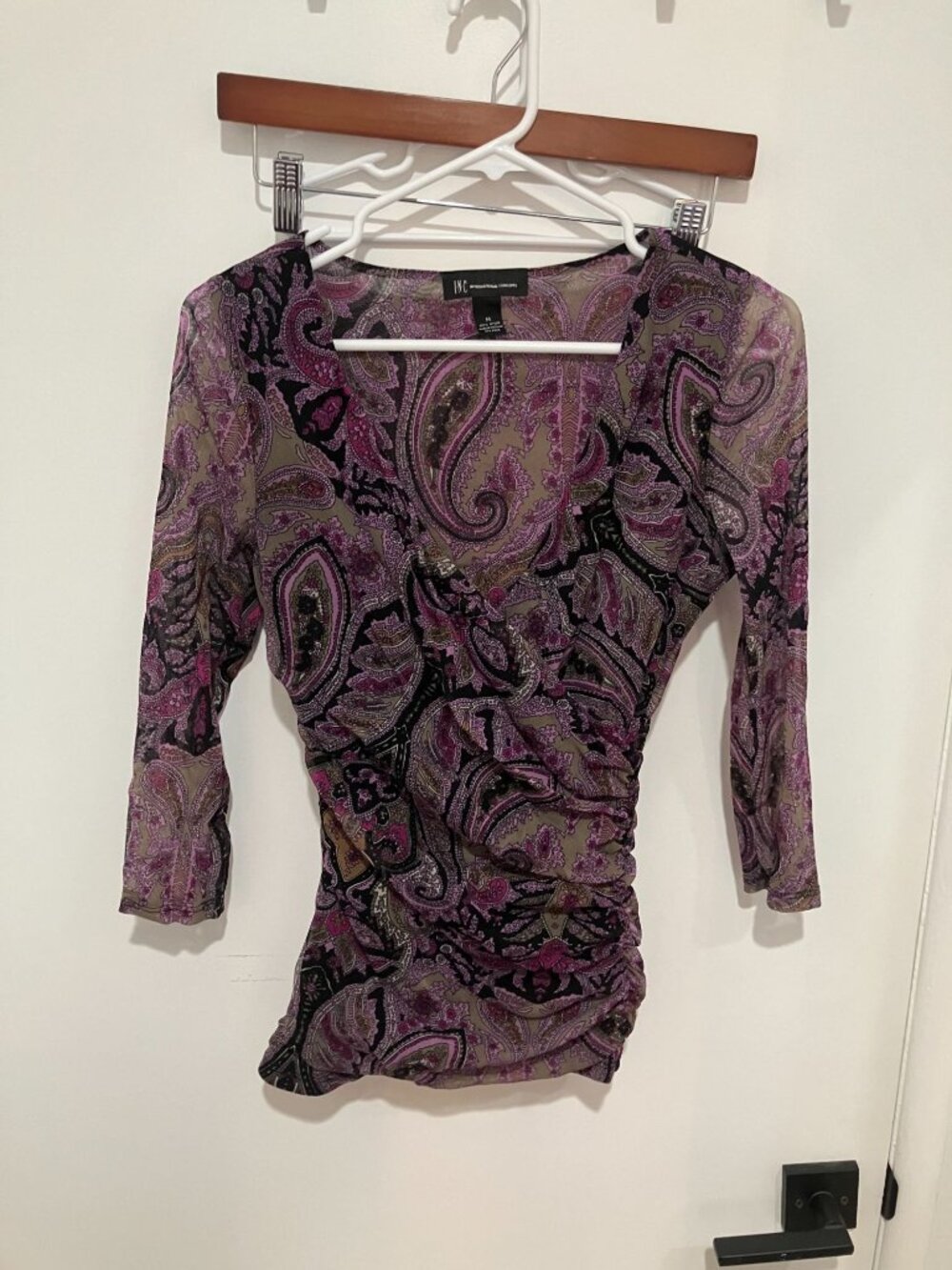 INC International Concepts Purple Paisley Mesh Ruched Faux Wrap Top Size M
